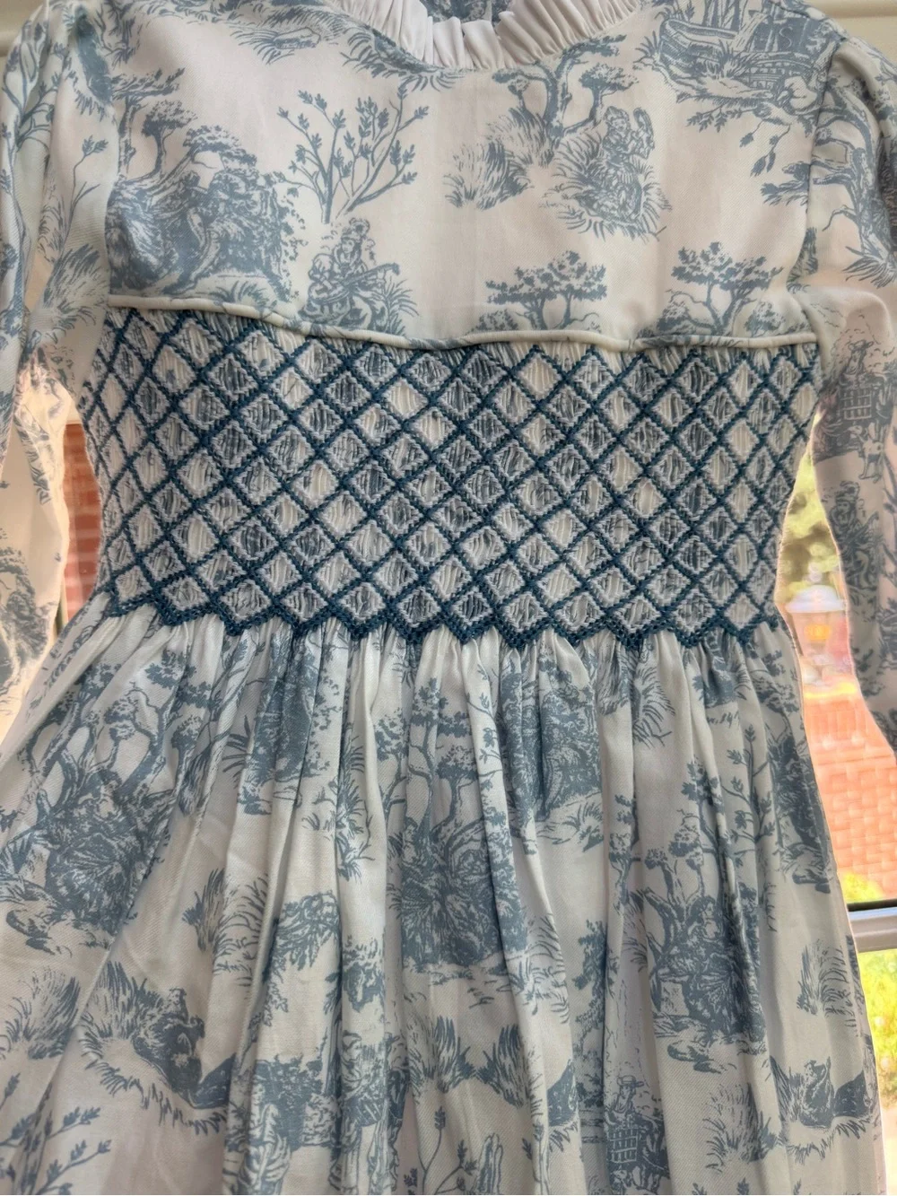 Blue and White Toile Smocked Waist Formal Girl's Dress
